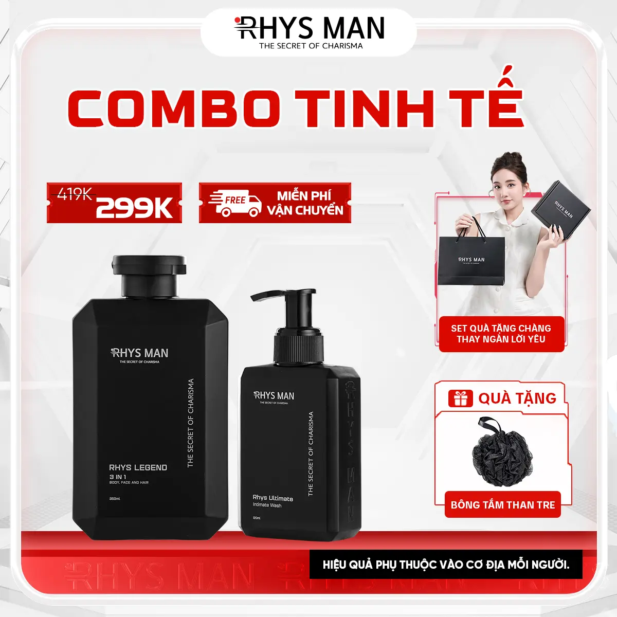 Combo Tinh Tế Rhys Man - Sữa tắm gội hương nước hoa cao cấp 350ml & Gel vệ sinh nam 100ml | Tặng : 1 Set Hộp & Túi Dưỡng Thể