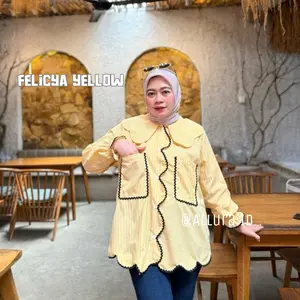 Felicya Kemeja Blouse Wanita Top Atasan Kancing Lengan Panjang Kerah Layer Katun - Allura.id