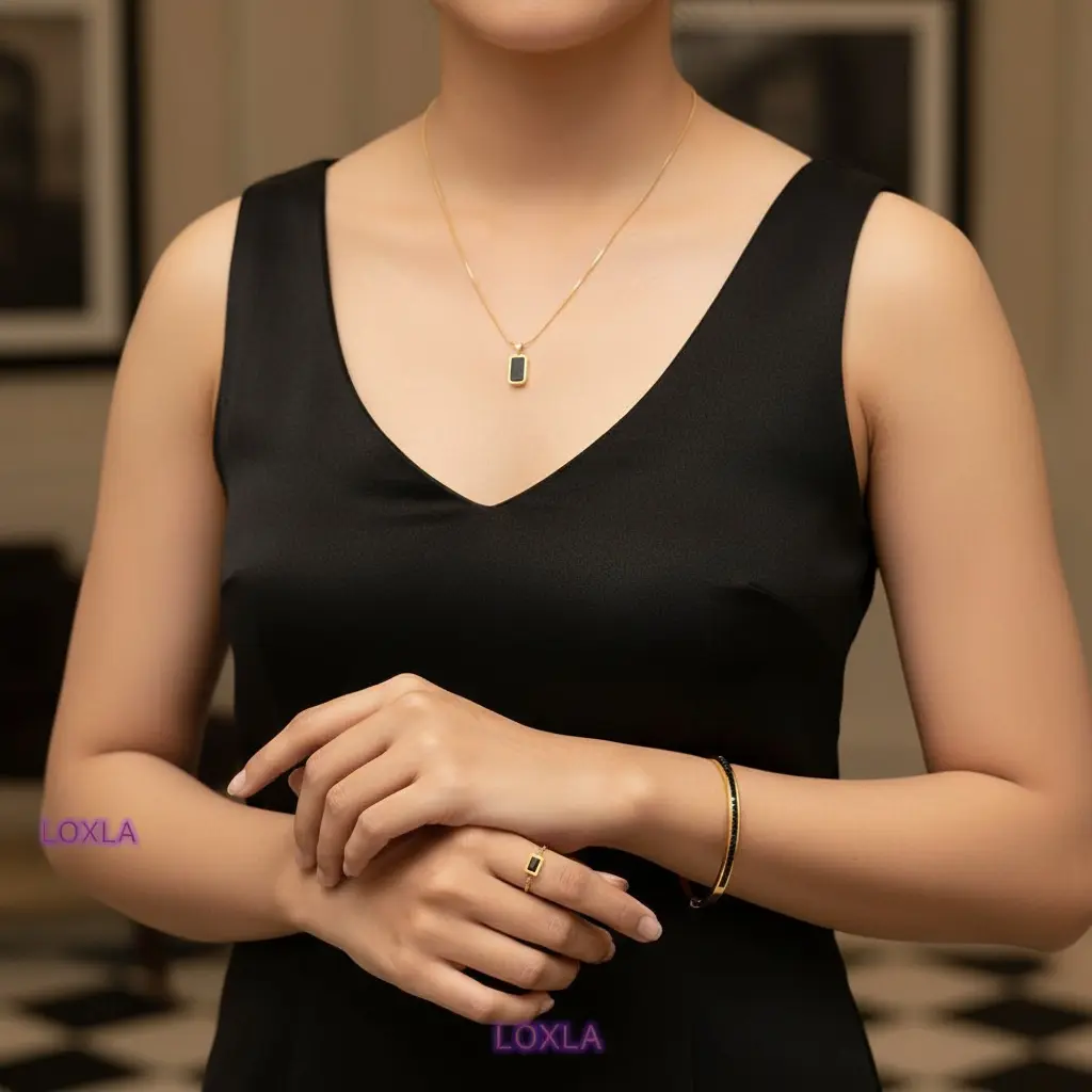 Kalung Plat Hitam Casandra Gelang Bangle TM Permata Hitam Delila Cincin Serut Elegan Cocok Sehari Hari dan Pesta Loxla