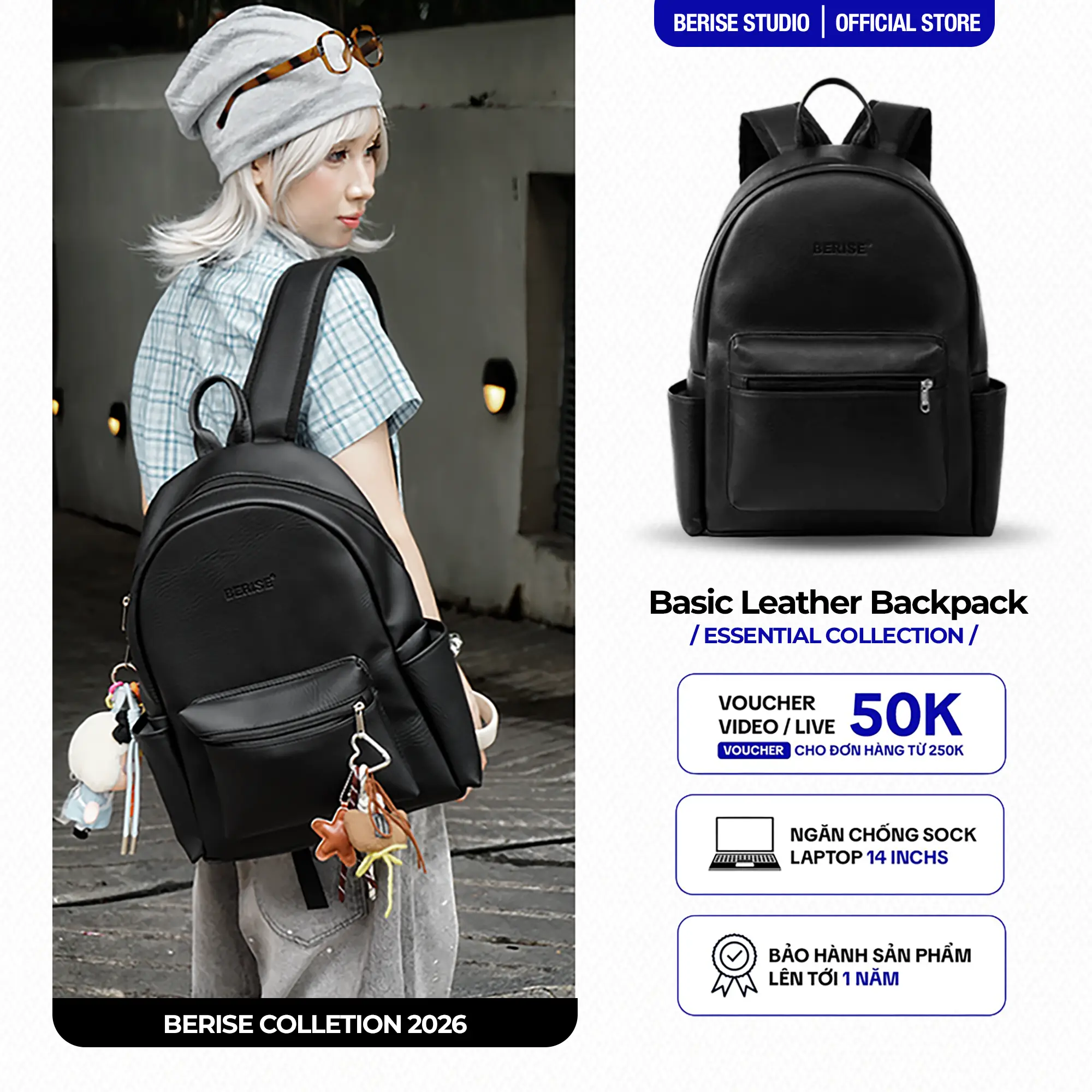 Balo Da Berise Basic Leather, Unisex nam nữ, đựng laptop 15,6inch, chống nước phù hợp đi học đi làm