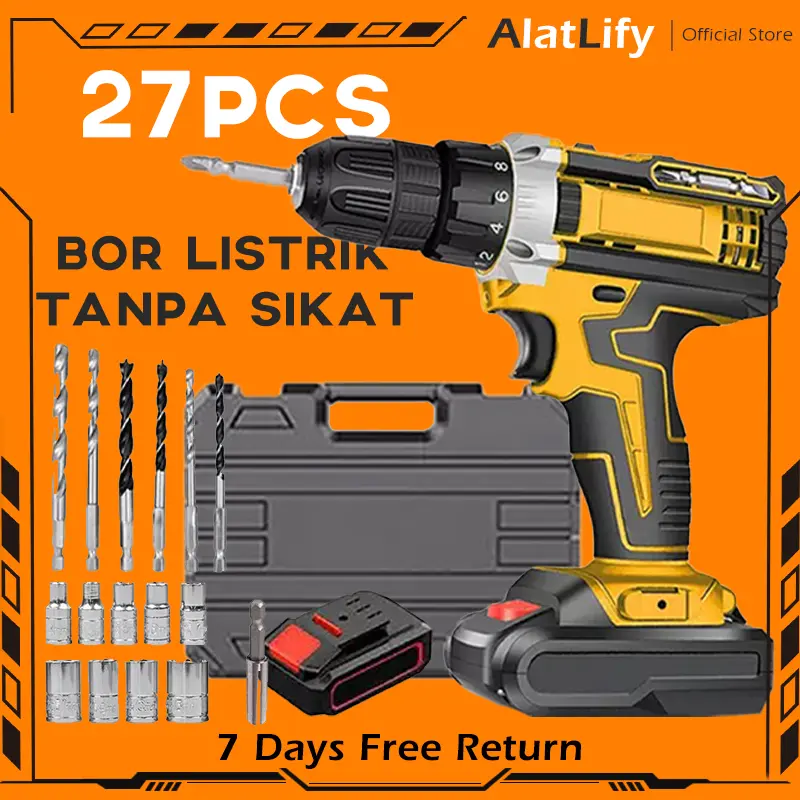 Bor Listrik 98V 2 Baterai Impact 3IN1 Bor Tangan Listrik Impact Drill Cordless Listrik 10MM Tersedia Tiga Mode, Rotasi Maju Dan Mundur Besi Tembok Beton Kayu