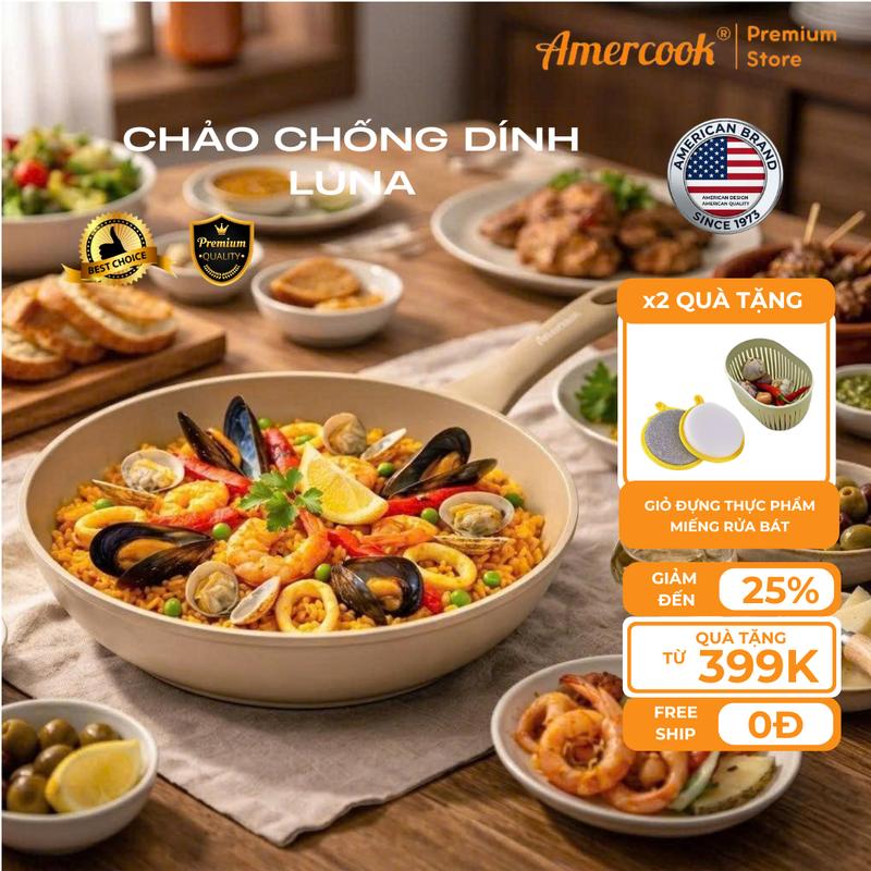 AMERCOOK - Chảo chống dính ceramic AMERCOOK Luna phủ 5 lớp ceramic gốc vô cơ 20cm LU0120