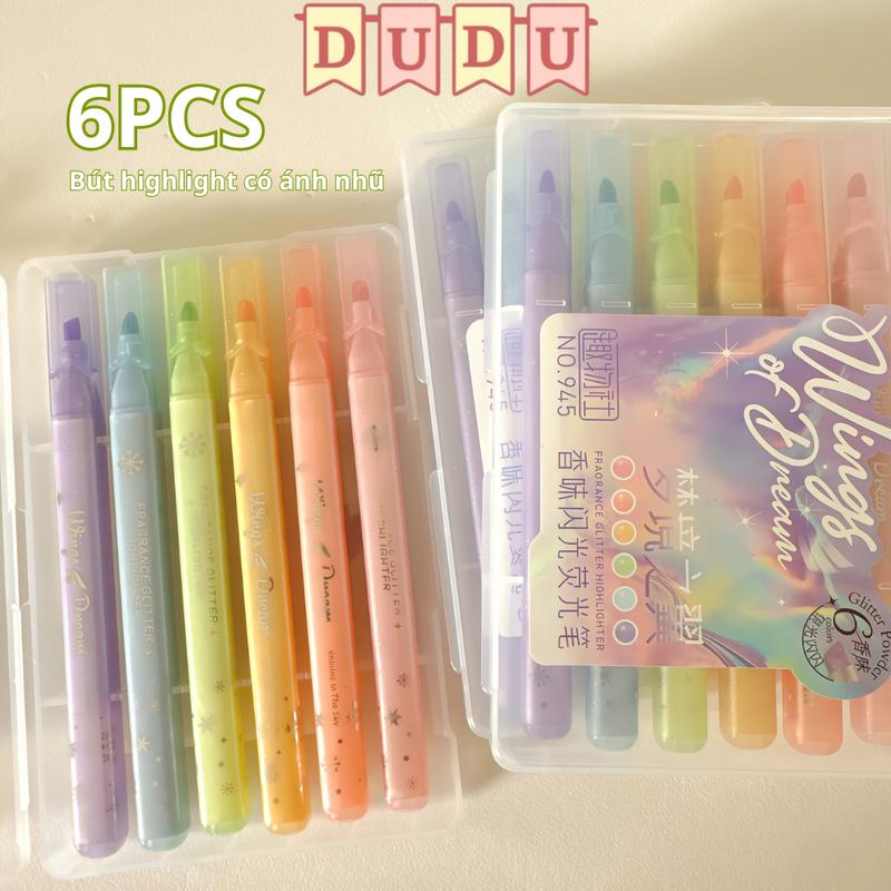   ẢNH THẬT  SET 6 Bút highlight CÓ NHŨ HƯƠNG NƯỚC HOAđánh dấu nhớ dòng pastel DUDU dạ quang nhiều màu tiện dụng 