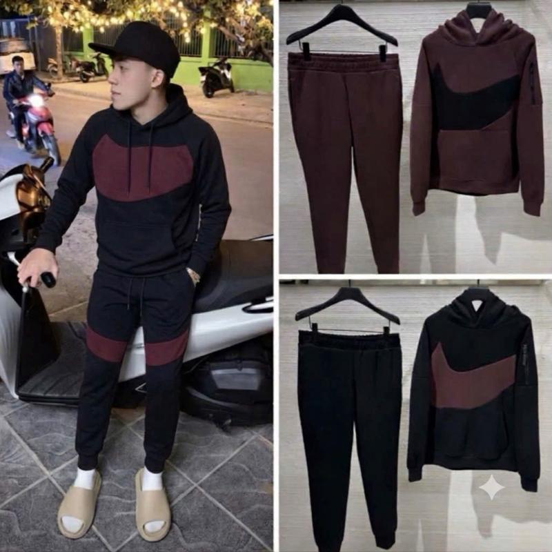 BDĐ555 Bộ thể thao mùa đông cho nam chất nỉ bông phối thêu đen đỏ mận đơn giản