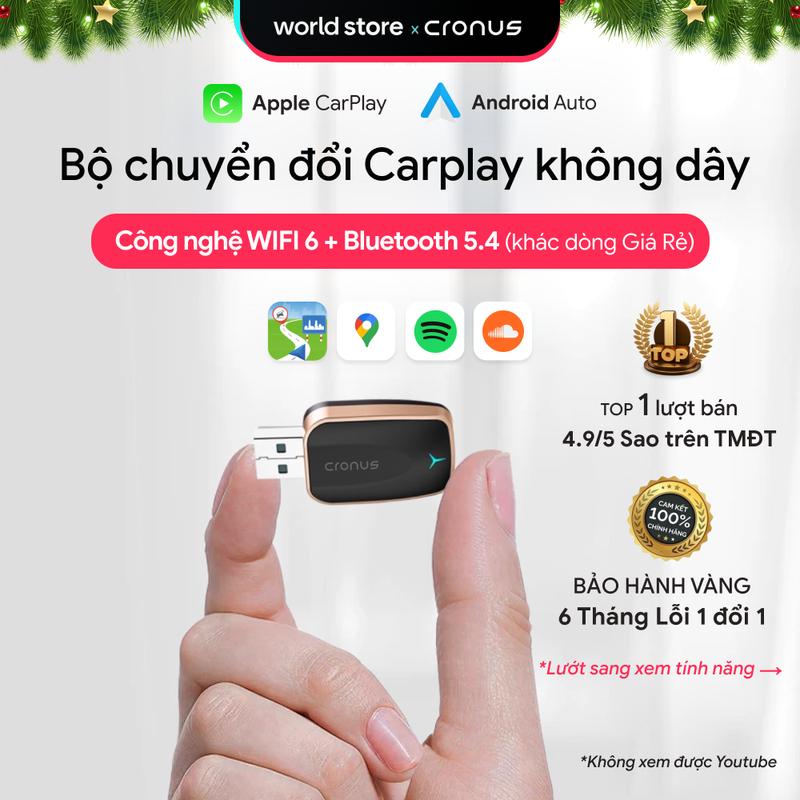  USB Carplay không dây Cronus C02 hỗ trợ Apple Carplay & Android Auto ,Bản nâng cấp Có Update phần mềm Online 2025 WIFI6 Bluetooth 5.4  Chỉ hỗ trợ xe có carplay cắm dây  