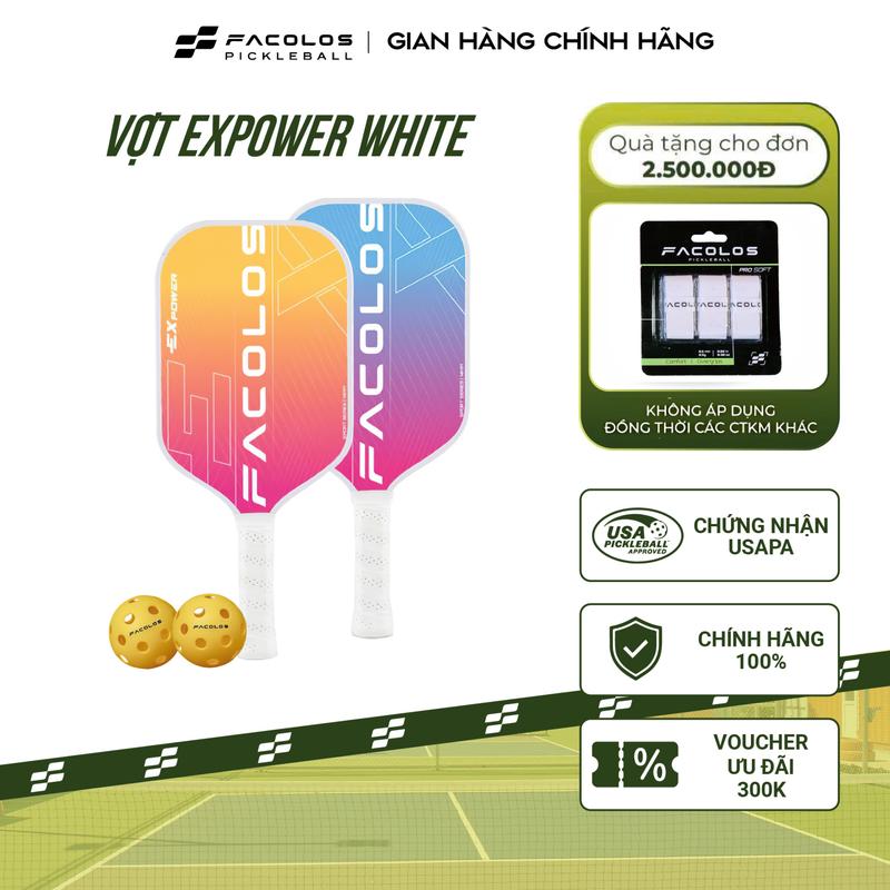 Combo Bộ 2 vợt Pickleball Facolos Sport Series (ExPower White 14mm) - Tặng 2 bóng