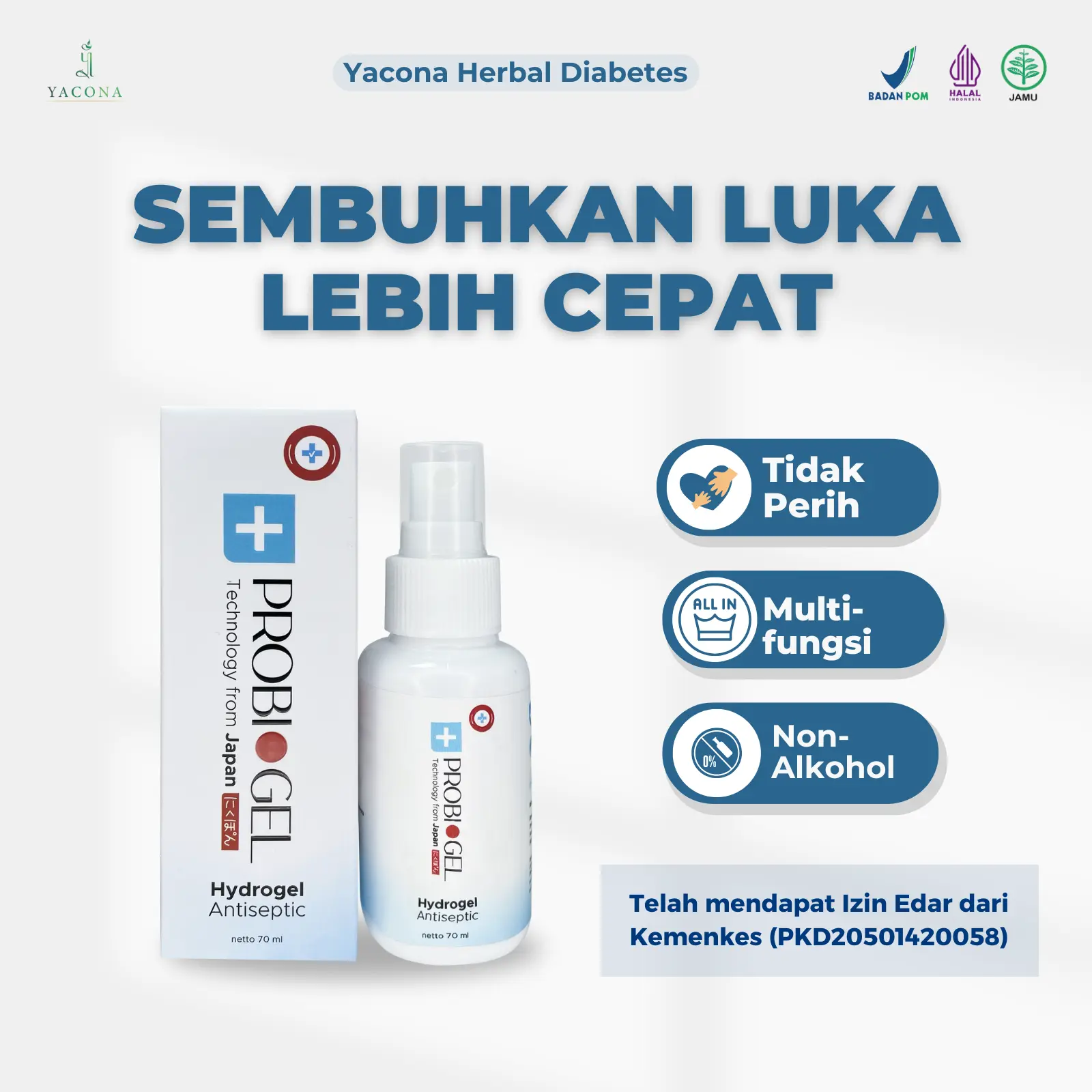 PROBIOGEL Hydrogel 70ml - Bebas Alkohol dengan HOCl Teknologi Jepang - Membantu Cepat Keringkan Luka & Bunuh 99% Bakteri - Halal & Izin Kemenkes
