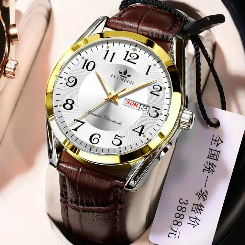 Men's Leather Automatic Non-Mechanical Watch Waterproof Calendar Luminous Fashion Thin Solid Leather-Belt Watch Business Simplicity