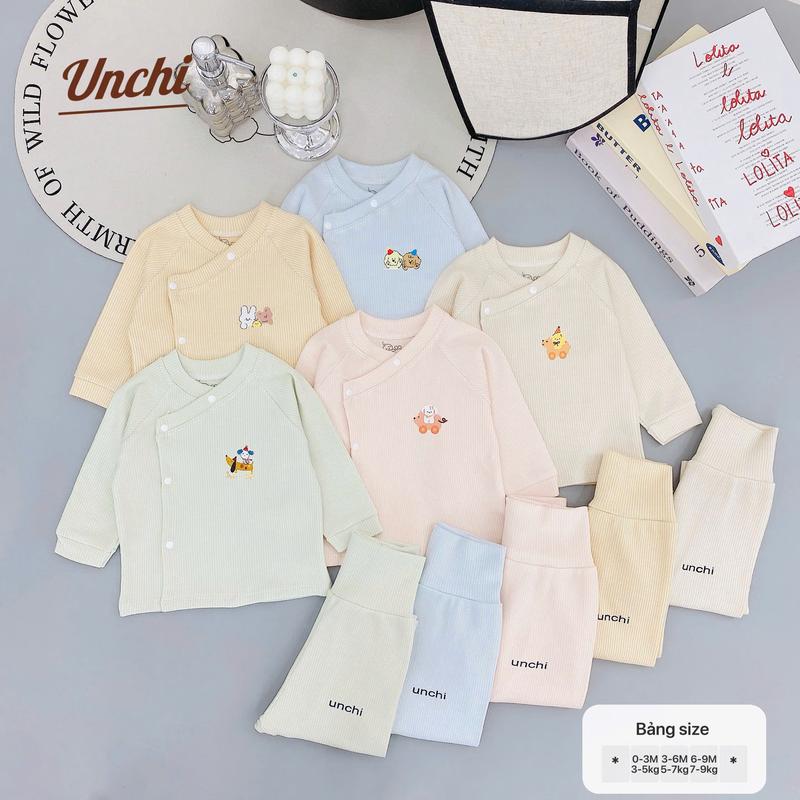 BD32. Bộ Quần Áo Sơ Sinh Cạp Cao Unchi Chất Liệu Nỉ Tăm Dày Ấm Cho Bé Từ 3-9kg Mặc Thu Đông