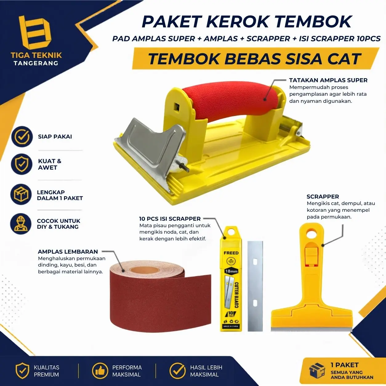 Tiga Teknik Tangerang Tatakan Amplas Super Berkualitas Tinggi Gratis Amplas 1M Kape Pembersih Refill 10 PCS Alat Wajib Tukang Kayu DIY