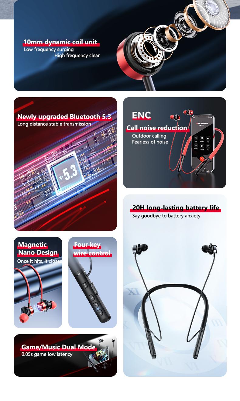Product Introduction of Monster SG03pro neck hanging in ear sports earphones Bluetooth 5.3 ultra long standby life ENC noise reduction high-definition call music game dual-mode magnetic design fully compatible 13