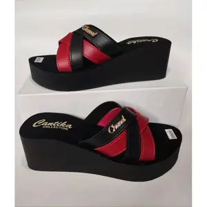 Sandal Wedges Cantika Selop Tali Silang Kombinasi Kekinian New Heels Hitam Merah