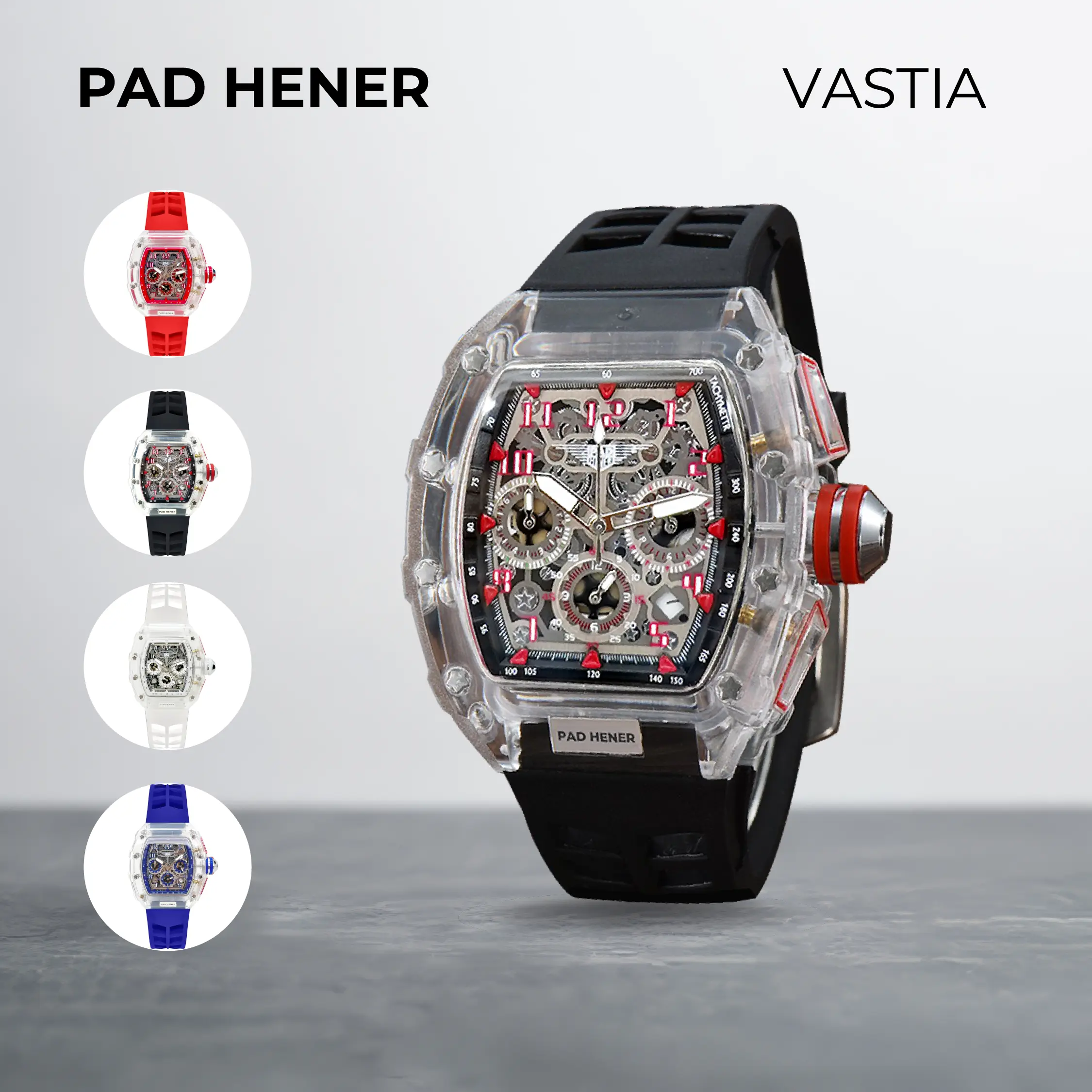 PAD HENER Vastia Tanggal Aktif Spring Bar Tools Plexy Glass Black Jam Tangan Unisex Quartz Cronograph Multifungsi COD + Kotak Eksklusif 42.5mm