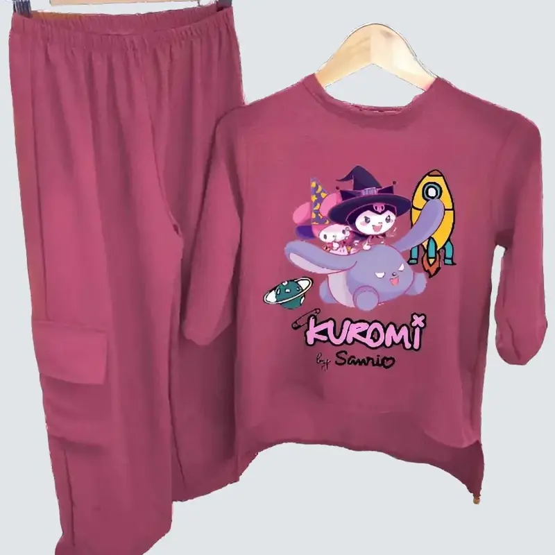 Stelan Anak Perempuan Terbaru Celana Model Cargo Skena dengan Baju Motif Kuromi Lucu Bahan Crinkle Airflow Premium - Fashion Setelan Pakaian 0