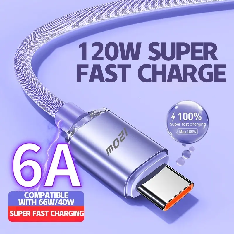 120W USB Fast Charging Cable 6A Max Super Charging For Type-C Data Line Quickly Charge Quality Nylon
