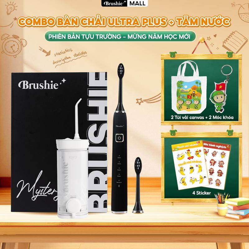 BÃO SALE Combo bàn chải điện Brushie Ultra Plus chính hãng tích hợp đầu rửa mặt và Tăm nước mini Brushie Thập sắc nhỏ gọn - TẶNG 2 TÚI CANVAS + 2 MÓC KHÓA + 4 STICKER