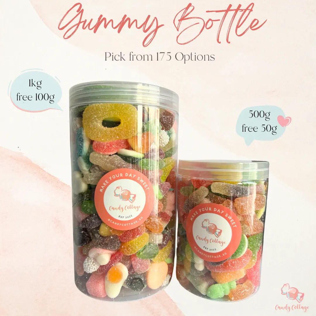 Candy Cottage 550G/1.1KG  Gummy Bottle - MIX AND MATCH ASSORTED GUMMY SOUR GUMMY AND CANDY BIRTHDAY GIFT DOOR GIFT Fruity Bottle Vegan Gummy CHRISTMAS GIFT CHINESE NEW YEAR SNACK