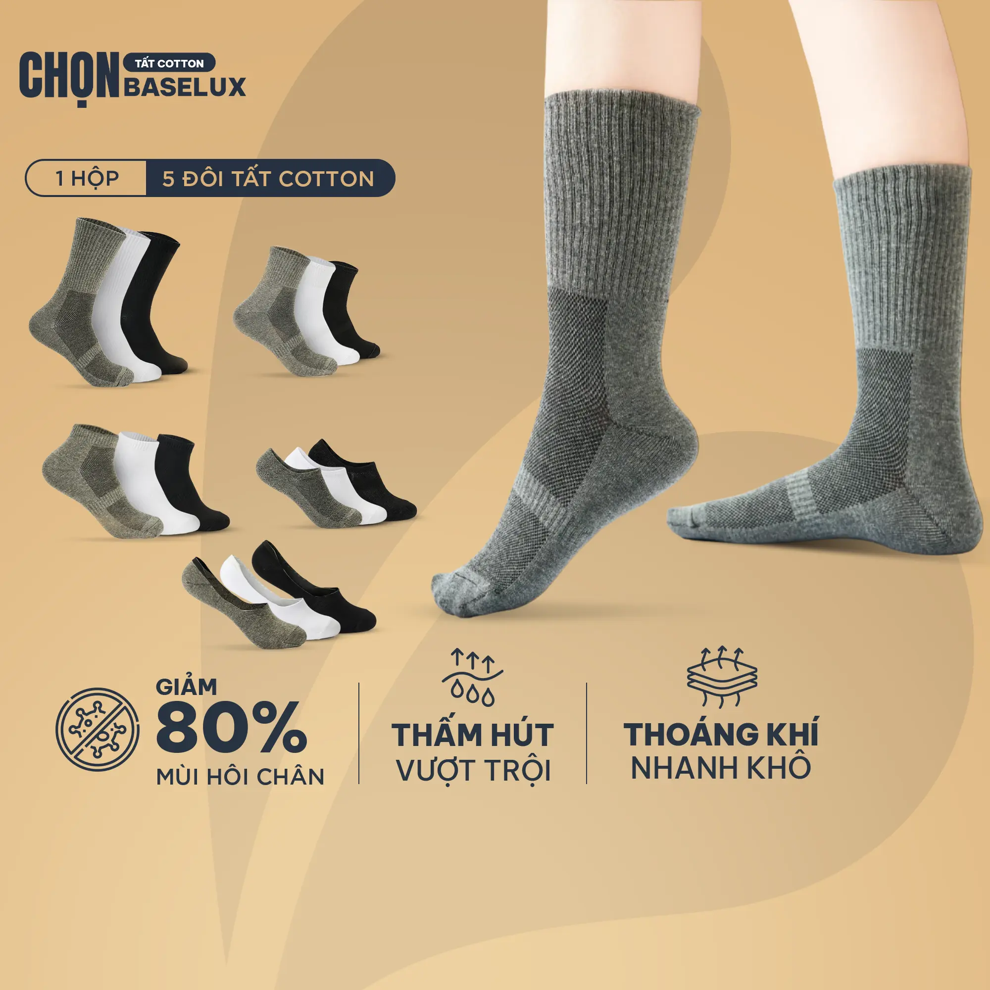 Tất cotton thiên nhiên BaseLux tất cổ cao thoáng khí chống hôi chân, tất nữ mềm mại co giãn, tất nam công sở kháng khuẩn