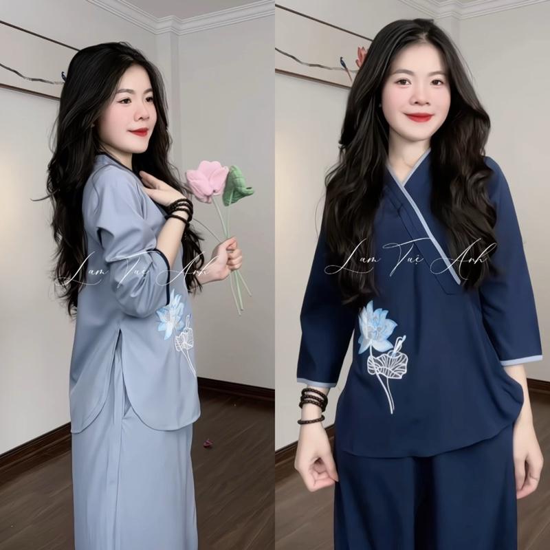 Nhuyễn Sen đồ lam pháp phục đi chùa thêu hoa sen cổ V vải lụa nhuyễn mềm mát