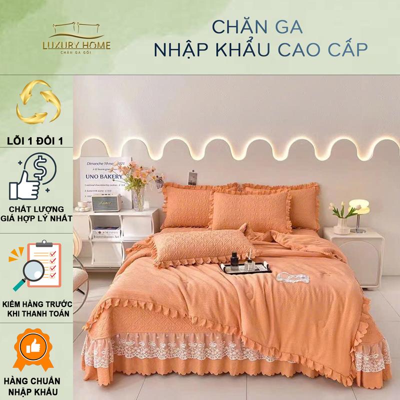 Set Chăn Ga Cotton Đũi Ga Trần Bông Cao Cấp - Chăn Hè Trần Bông Combo 4 món