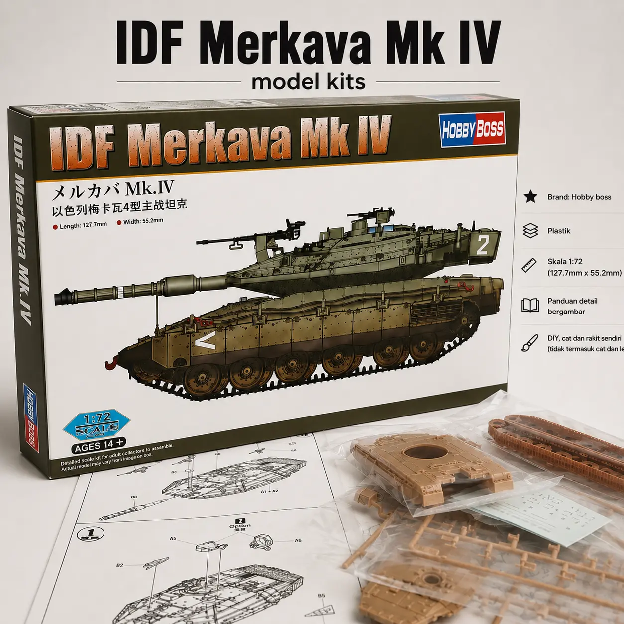 Model Kit miniatur tank IDF Merkava Mk IV Hobby Boss 13 cm 1:72