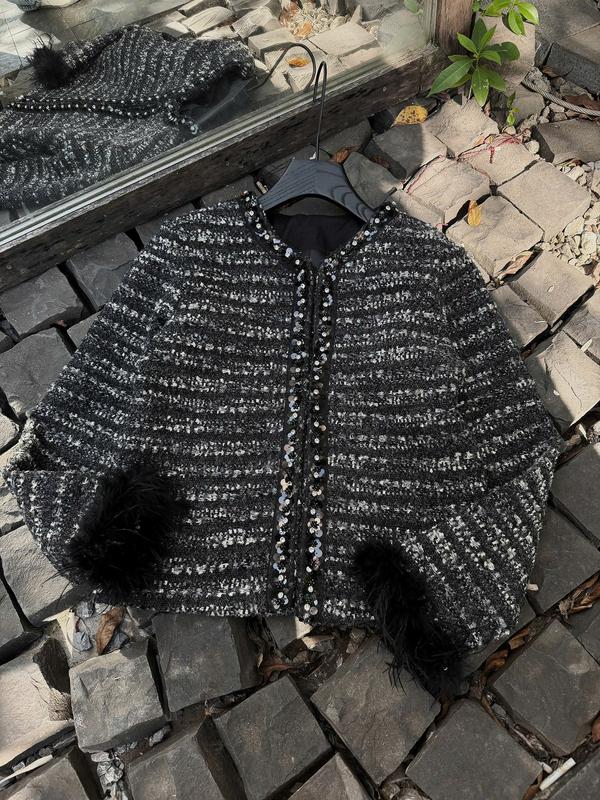 Áo Khoác Dạ Tay Lông Vũ Viền Dá Bling Bigsize 55-95kg - Thời Trang Nữ