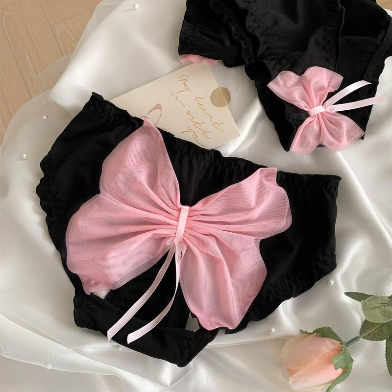 Quần Lót Ren Cotton, Phong Cách Gợi Cảm, Dành Cho Nữ, Màu Đen, Cạp Thấp, Nơ Màu Hồng Ngọt Ngào Thiết Kế Dễ Thương Khoét Lỗ, Thoáng Khí Và Thoải Mái, Thích Hợp Cho Bé Gái, Đồ Lót 3