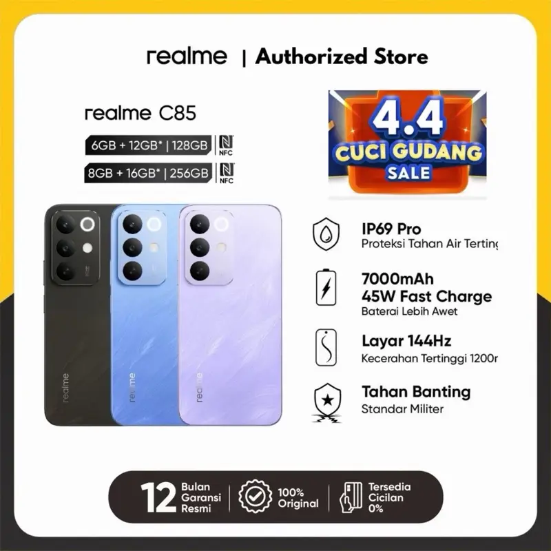 realme C85 4G 8GB+16GB 256GB 7000mAh IP69 Pro Tahan Air Layar 144Hz 1200nit Ultra Bright Display Ponsel Performa Cepat