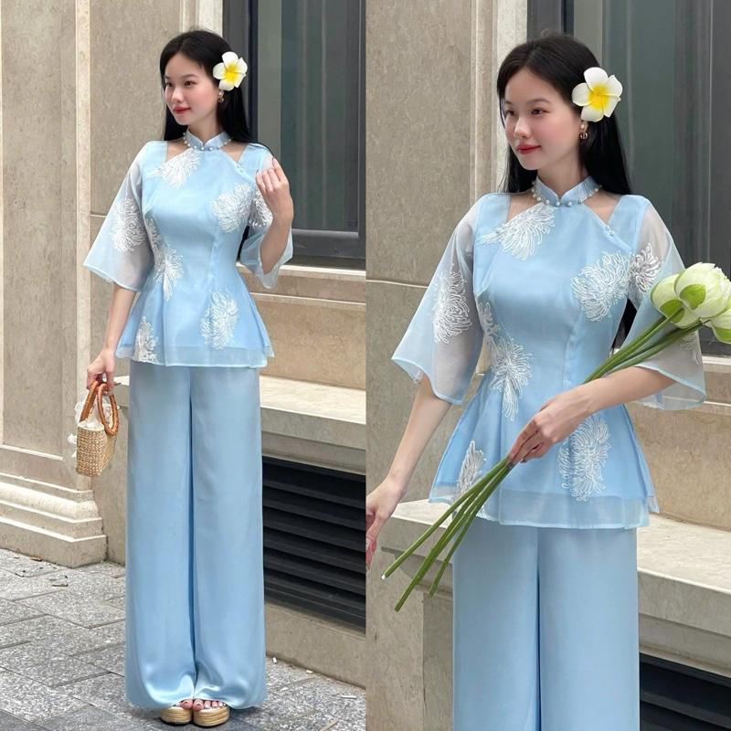 Sét bộ đồ Lam pháp phục bà ba đi chùa tơ thêu hoa dính Ngọc trai phối lưới quần Lụa dáng dài M4
