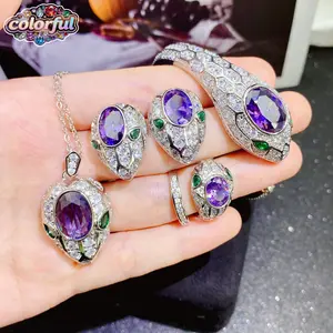 COLOS35U Gelang perhiasan mewah berbentuk ular, set ular kecubung, liontin ular berlian kecubung, cincin terbuka, anting batu permata berwarna