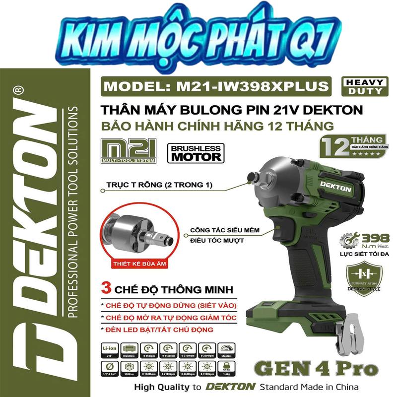  Máy Siết Bulong Dekton M21-IW398PLUS  Màu Xám  M21-IW398XPLUS  Màu Olive  – 398Nm – Đầu khẩu 2 trong 1 – Chân Pin phổ thông – Chính Hãng 
