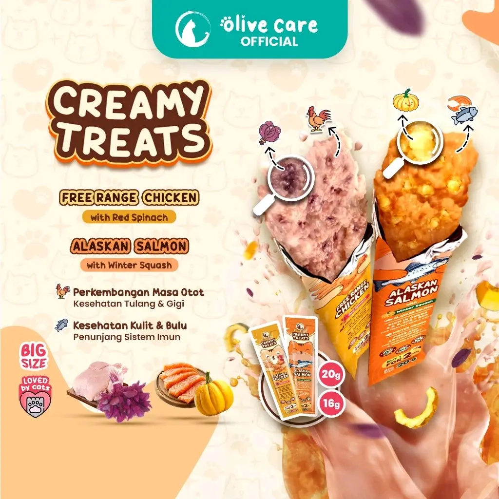Olive Care SINGLE CREAMY TREATS 16gr & 20gr BIG SIZE Snack Cemilan Kucing Bernutrisi dengan Daging Ayam/Salmon Asli