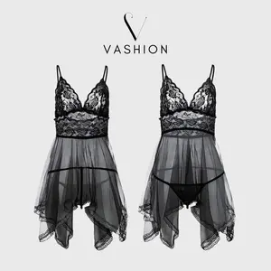 Pakaian Lingerie Wanita Model  V-Neck Model Renda Serat Mesh Eksotis / G String Bra Set Dress - BT002