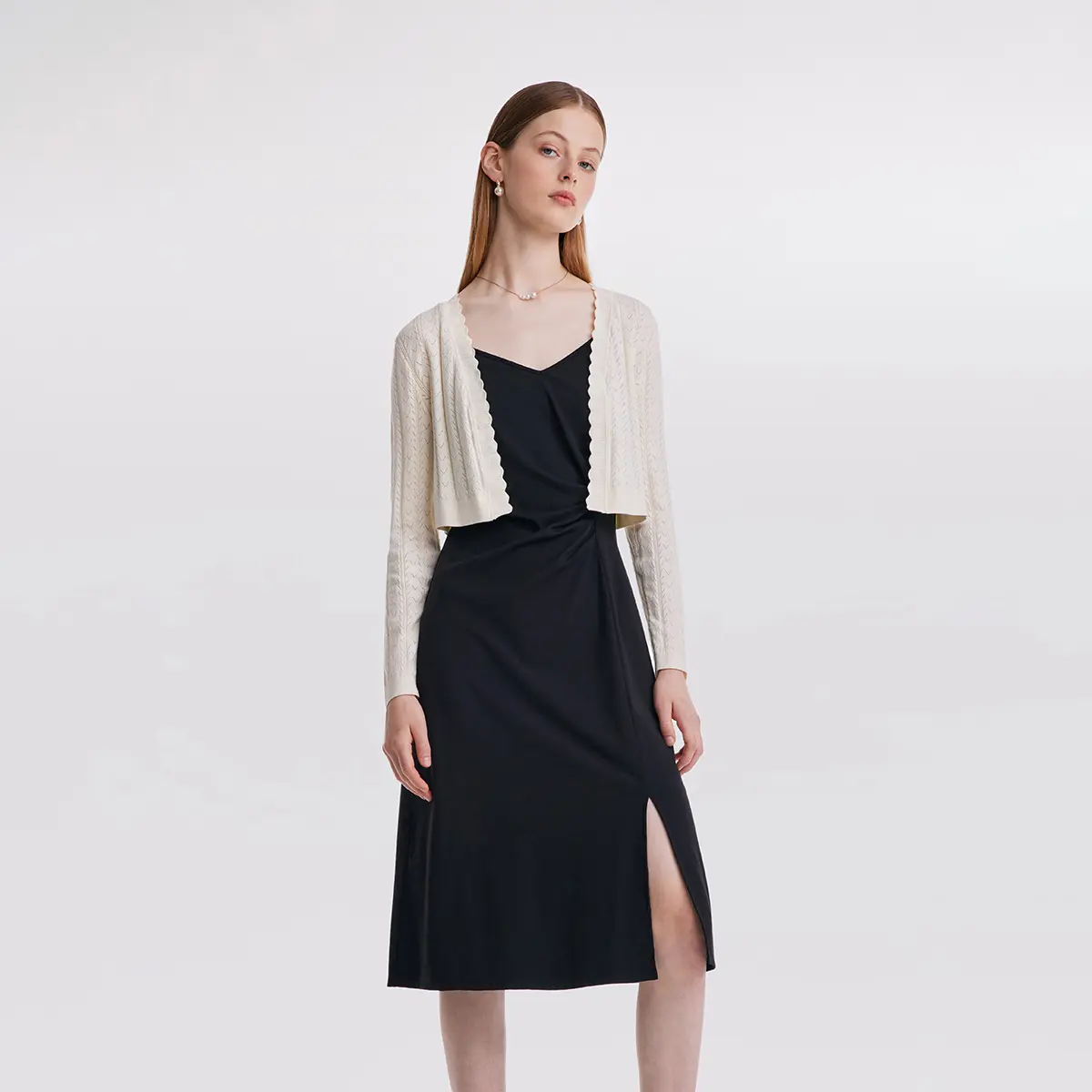 GOELIA Versatile Cardigan And Slip Midi Work Dress Two-Piece Set Fit Womenswear