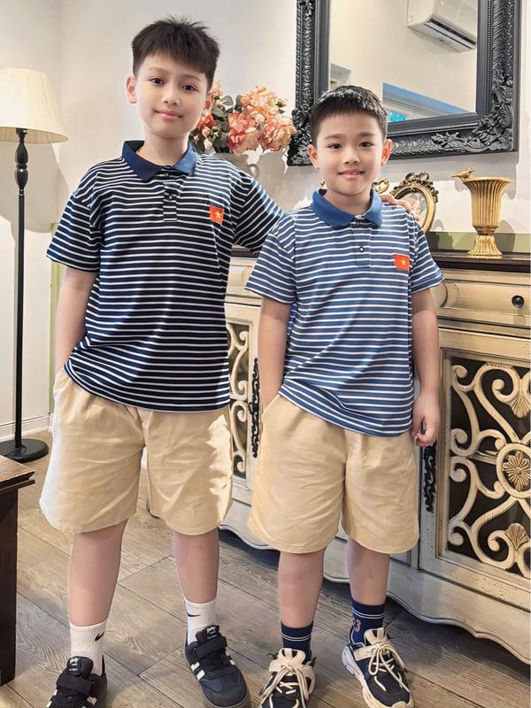 Bộ quần áo cho bé trai Đại cồ, QUẦN KAKI mềm, áo POLO kẻ cổ trụ chất thun cá sấu thêu cờ cao cấp thoáng mát, co giãn 4 chiều cho bé trai từ 15-53kg