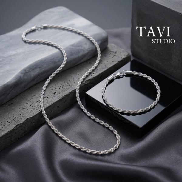 Combo Vòng Cổ Dây Chuyền & Vòng Tay Lắc Tay Xoắn Bạc Titan Unisex Thanh Lịch  - Set Phụ Kiện Thời Trang Nam Nữ Tavi Studio Cá Tính Dễ Phối Đồ
