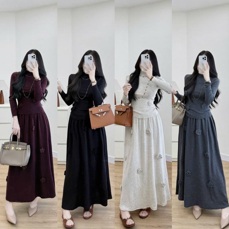   Mami.closet  Set váy len thỏ hàng qc áo body phối chân váy dài hoạ tiết hoa thêu nổi. Set mặc nhà đi chơi dự tiệc 