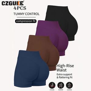 CZGUKE conjunto de 4 pzas para mujer: shorts de yoga sin costuras y de cintura alta, con efecto realce de glúteos y ajuste ceñido a los glúteos, ideales para gimnasio/fitness, sentadillas cortas y para correr