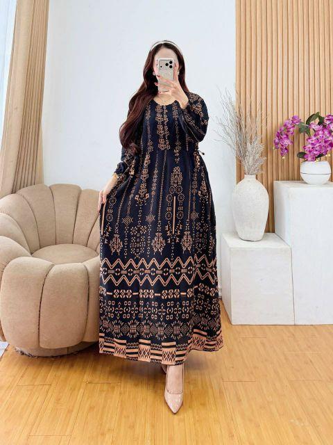 Gaun Gamis Wanita Elegan Motif Unik Cantik Lengan Panjang Bahan Tebal Nyaman untuk Acara Formal dan Santai