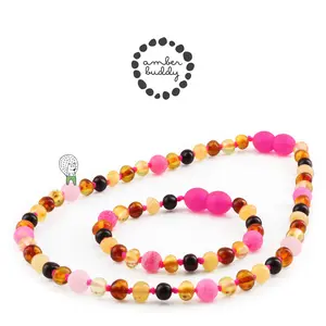 Amber Buddy | LE461 Kalung dan Gelang Bayi Amber kombinasi Pink Frost Agate, Tridacna Shell, Pearl. 32cm & 14cm