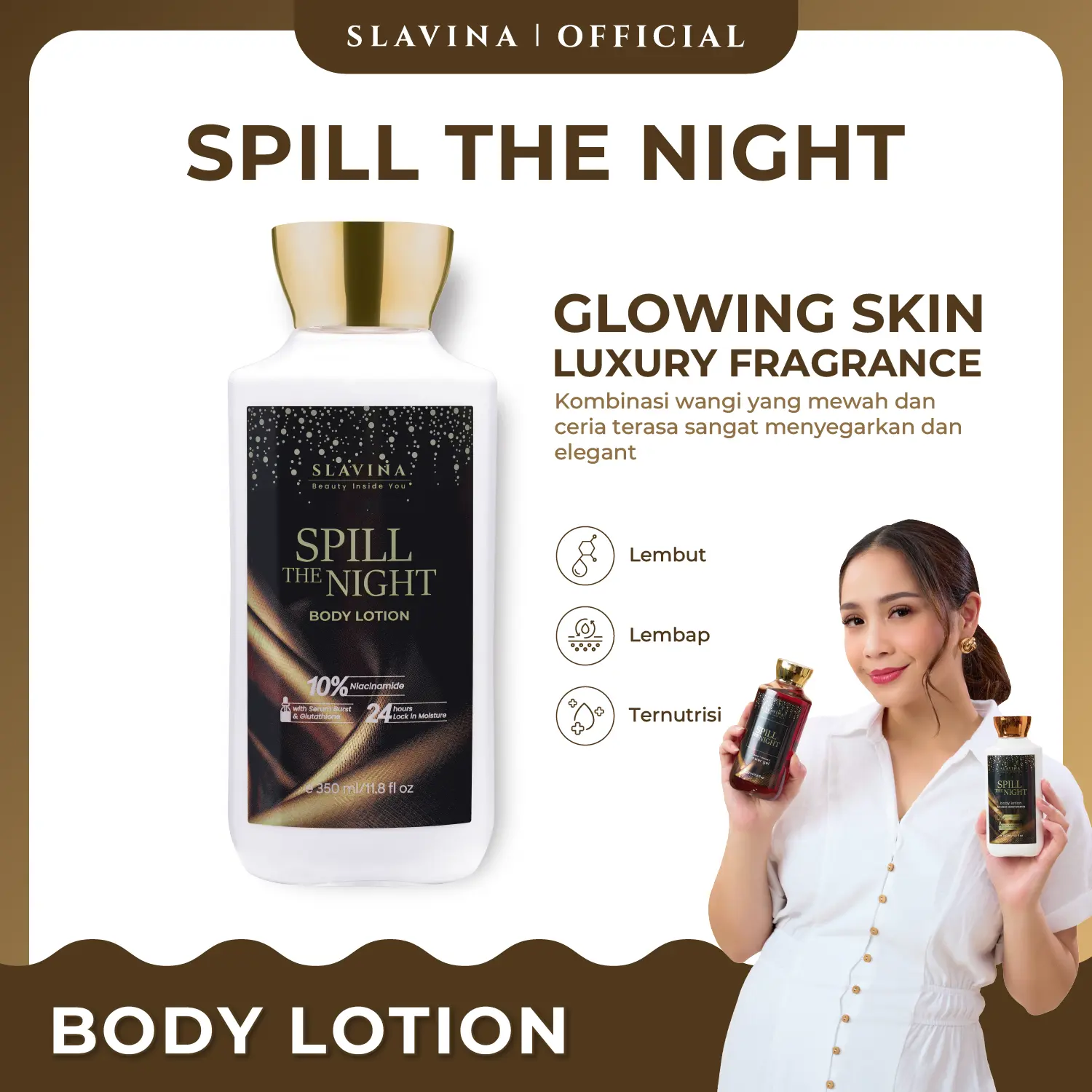 SLAVINA Spill The Night Whitening Body Lotion by Nagita Slavina Moisturizer Untuk Kulit Kering dan Kusam 350ml Kelapa Cherry Perawatan Tubuh Niacinamide Glutathione Mencerahkan
