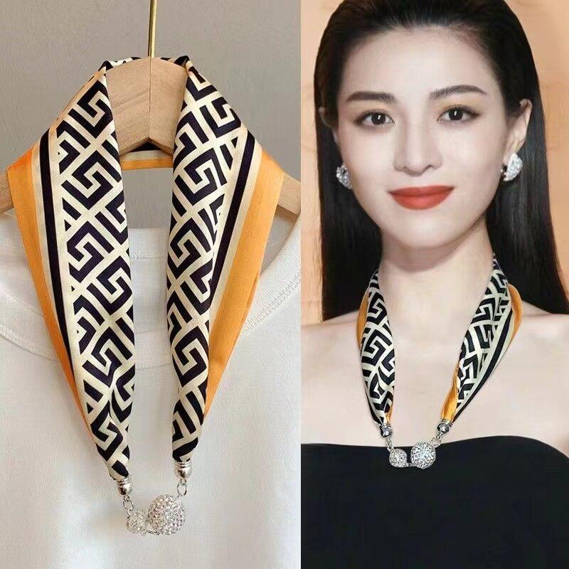 Product Introduction of New Listing Magnetic Buckle Silk Scarf Women Luxury Clavicle Necklace Fashion Women's Headscarf Hair Scarf 1