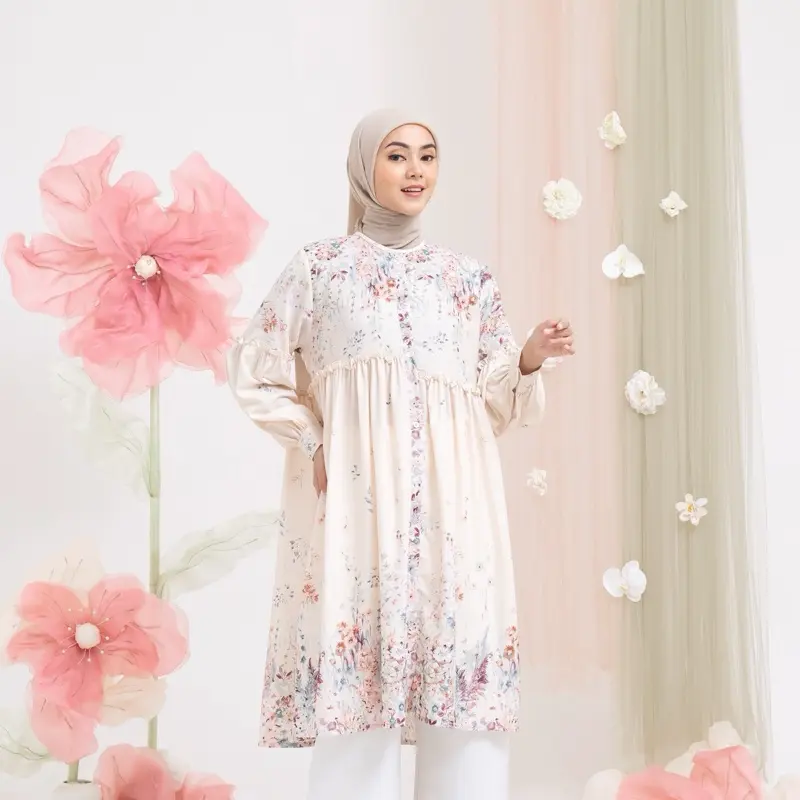Kanaya Tunik Motif Bunga Jumbo Muslim dengan Kancing Panjang - Atasan, Nyaman, Balon, Variasi, Formal, Katun