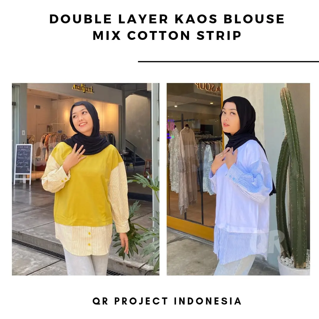 Kaos Blouse Atasan Wanita Double Layer Cotton Combed Mix Cotton Stripe