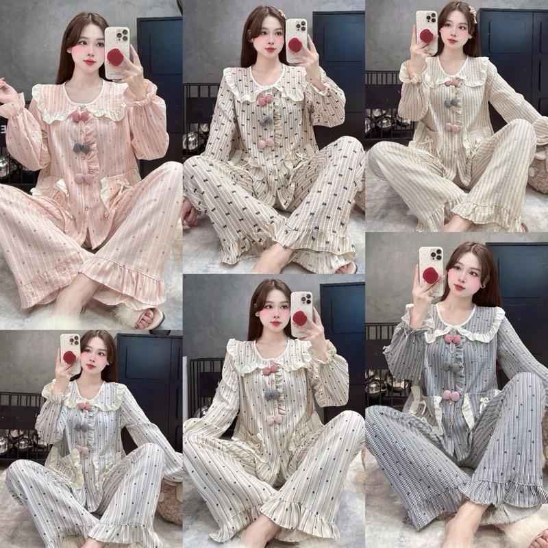  Bộ Mặc Nhà Cổ Sen viền bèo 3 nơ chất liệu Vân mây mới mềm đẹp dễ thương cho Nữ DD018 Sammy - Nữ - đồ ngủ 