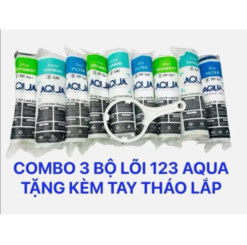 COMBO 3 BỘ LÕI LỌC NƯỚC 123 AQUA LẮP CHO MÁY LỌC NƯỚC RO tặng tay công tháo cốc lọc 1,2,3 10inch