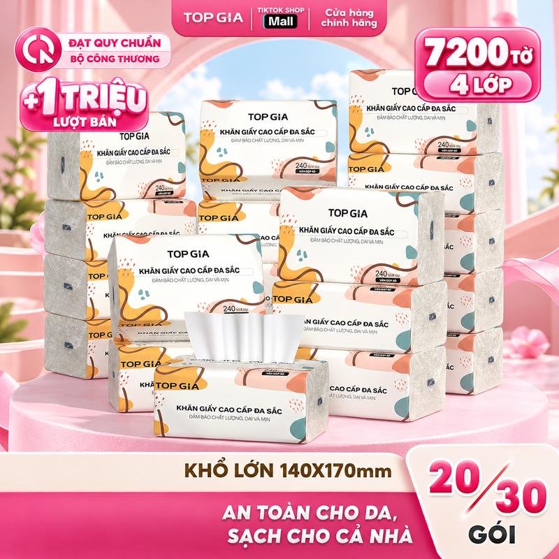 (MUA NHIỀU GIẢM SÂU) Thùng 20/30 Gói Giấy Ăn Đa Sắc TopGia, Giấy Ăn Cao Cấp Dập Vân 4D, 4 Lớp, Dai, Mềm Mịn, Khăn Giấy Vệ Sinh, Khăn Giấy Gia Đình Đa Năng. ĐẠT QUY CHUẨN CỦA BỘ CÔNG THƯƠNG. VTG84