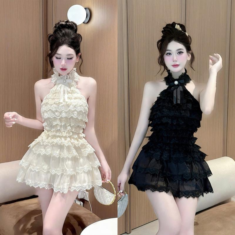 Set đồ nữ ren áo thiết kế cổ yếm phối bèo tầng đính nơ kèm chân váy xòe Có Lót sang chảnh dành cho các nàng diện đi chơi đi tiệc.