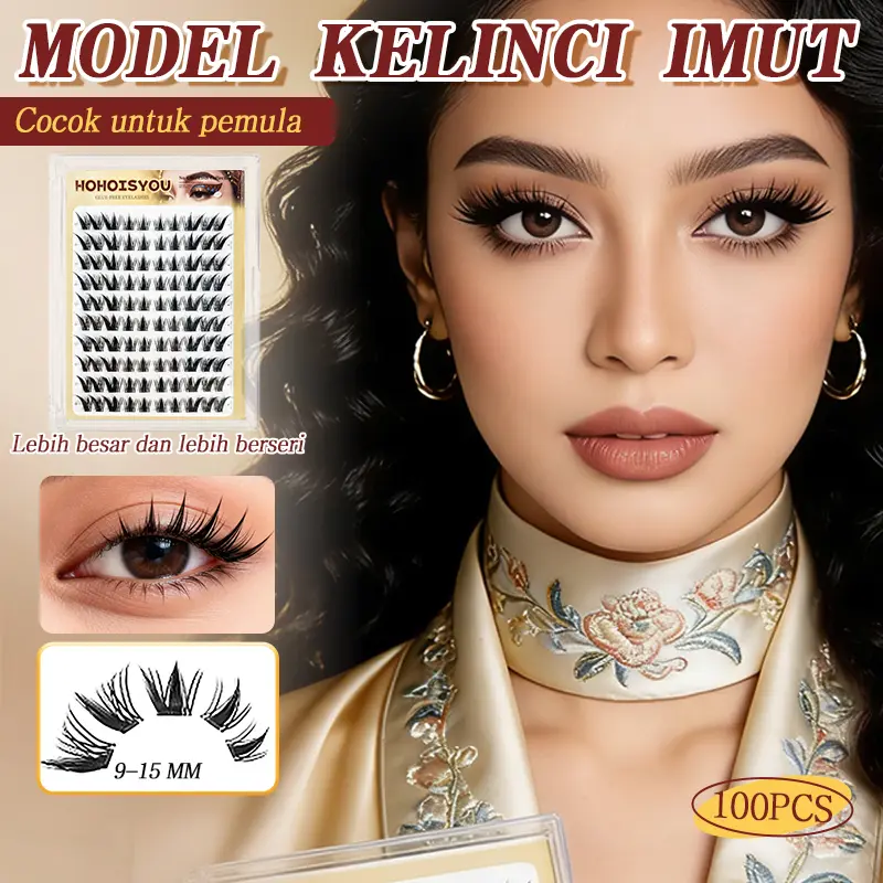 HOHOISYOU 100Pcs Bulu Mata Tanpa Lem Gaya Kelinci Imut 9-14mm 3D Natural Anti Ribet untuk Pemula & OOTD Harian - Bulumata, Extension, Eyelash