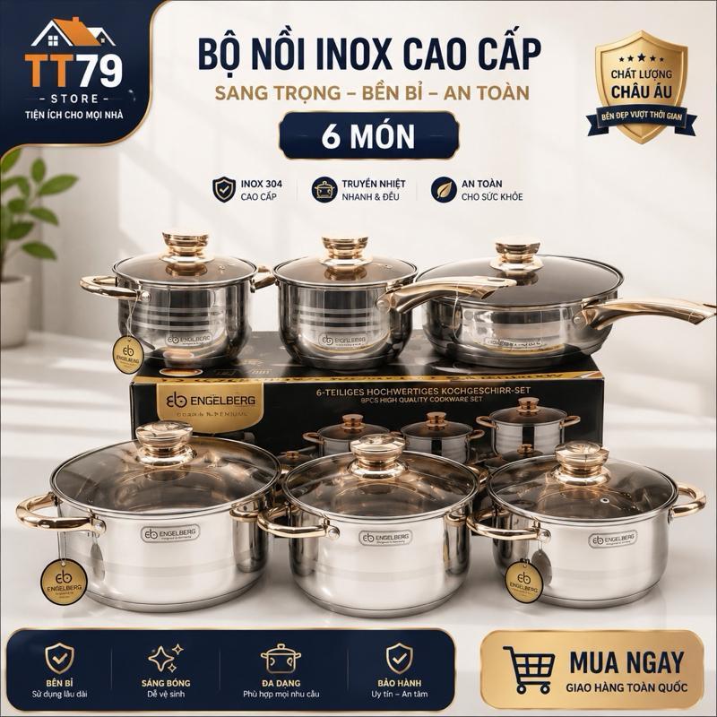 TT79 Mall - Bộ nồi Đức 6 món 12 chi tiết hàng đáy 5 lớp inox (Dùng cho mọi loại bếp)